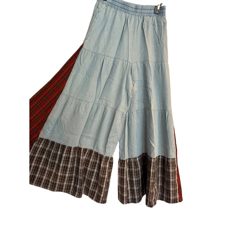 ODDI Plaid & Chambray Tiered Wide Leg Elastic Waist Pant NWT Size Small - Picture 4 of 8
